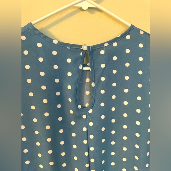 Pretty little polka dot dress in light blue model wearing camel Amazon purchase - Picture 6 of 7